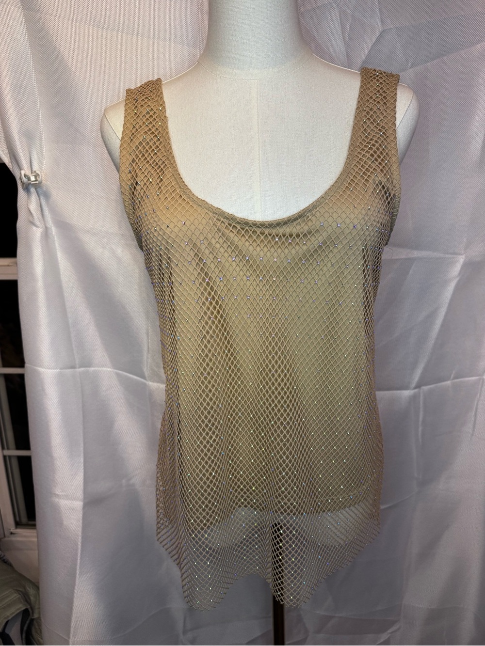 Sparkle Mesh Scoop Neck Tank Top in Beige
